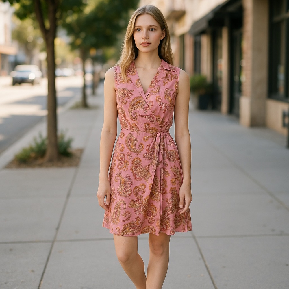 Kahala Pink Paisley Pink Floral Boho Sleeveless Wrap Dress – Size 10